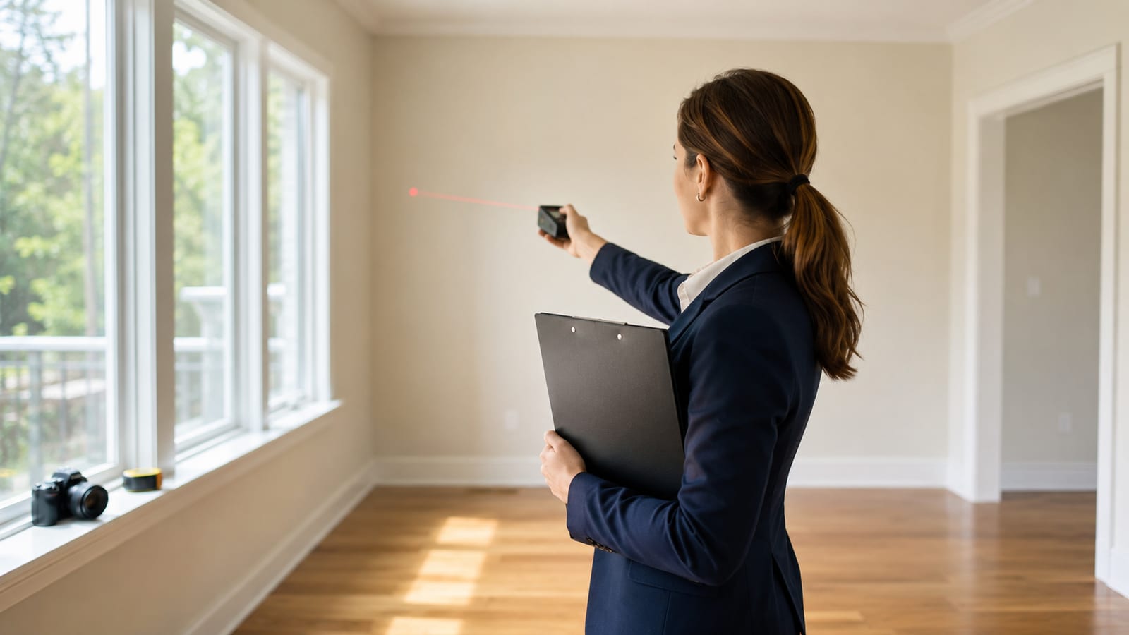 A real estate professional measuring an empty room with a laser distance measurer, a clipboard under one arm and a camera on the windowsill
