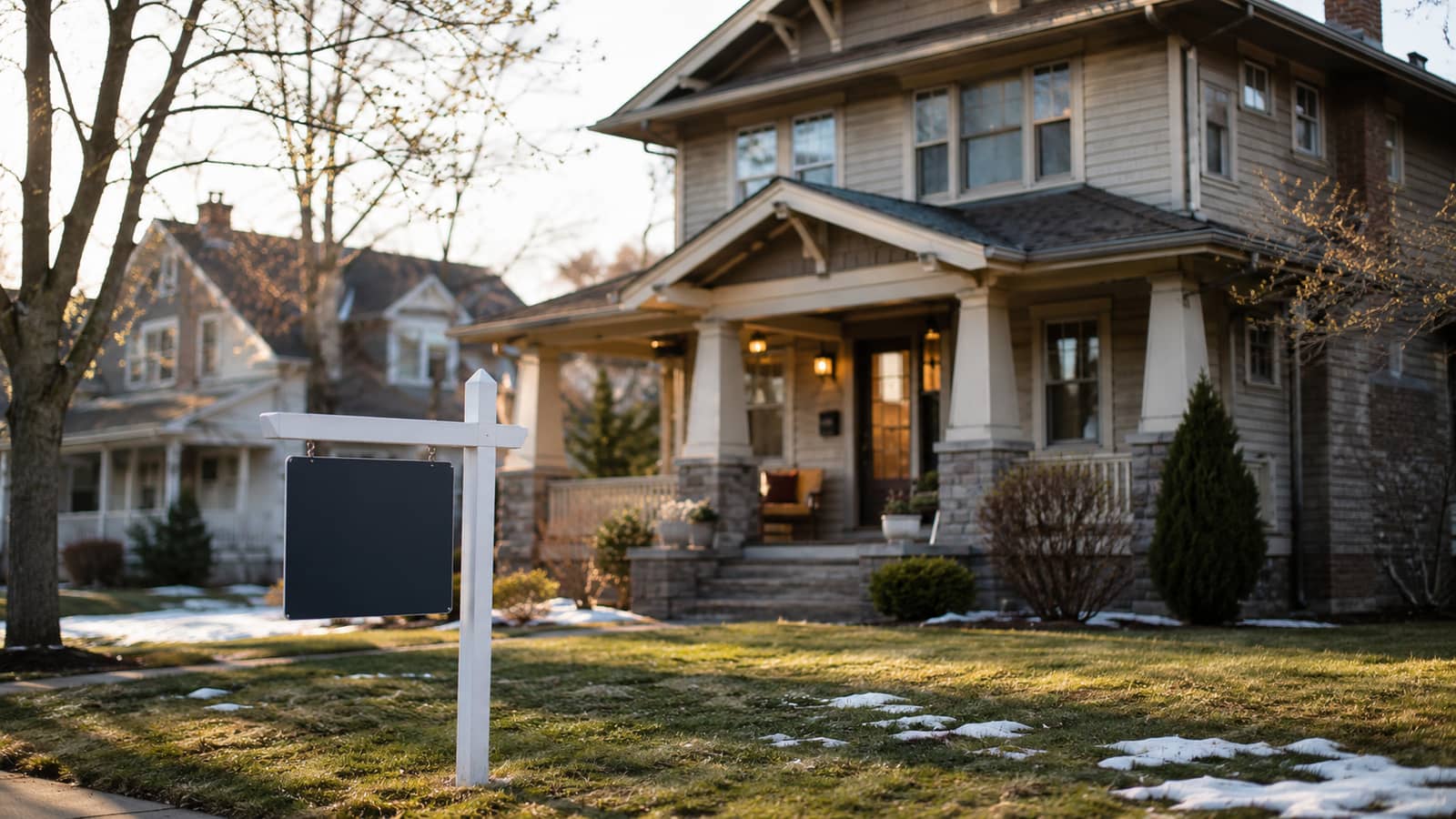 A blank real estate yard sign outside a craftsman home in early spring, with patches of snow still on the lawn and trees beginning to bud