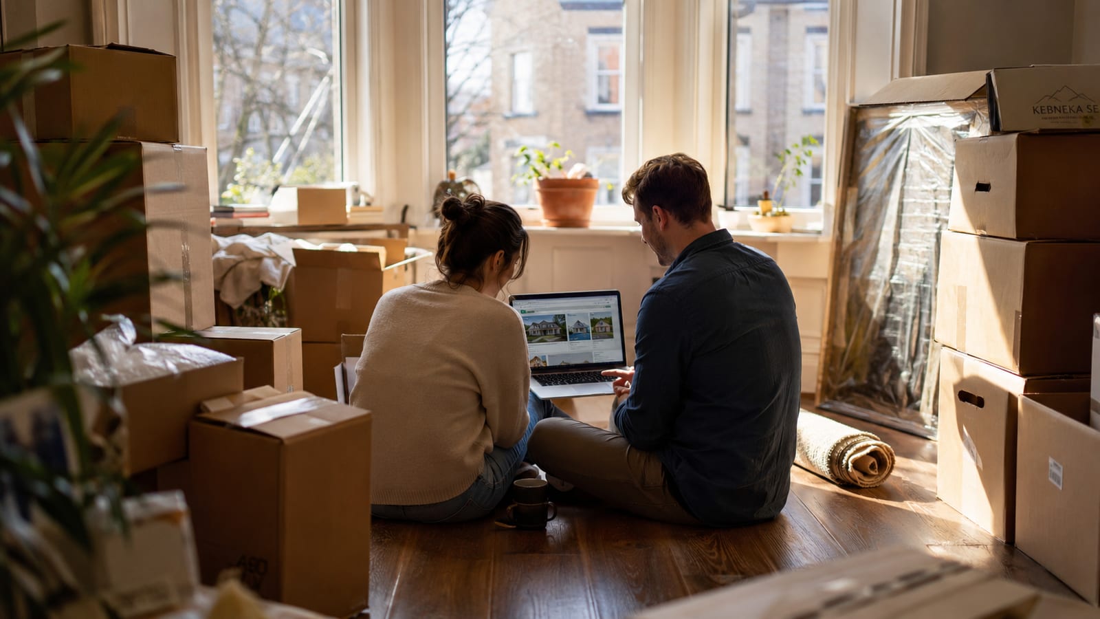 A couple sitting on the floor among stacked moving boxes, looking at home listings on a laptop in a partly packed living room