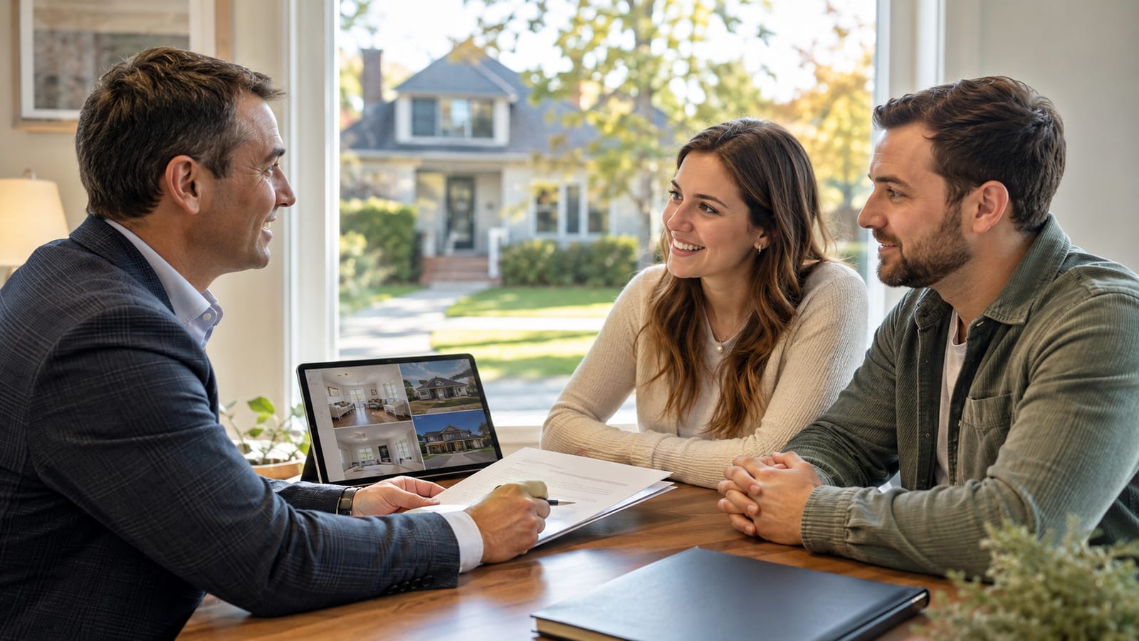 A local real estate agent presenting an offer and home listings on a tablet to a couple at a table, a house visible through the window