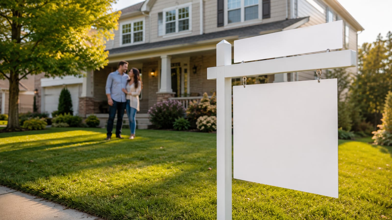 A real estate yard sign in front of an attractive Southeast Wisconsin home, with a couple standing near the porch