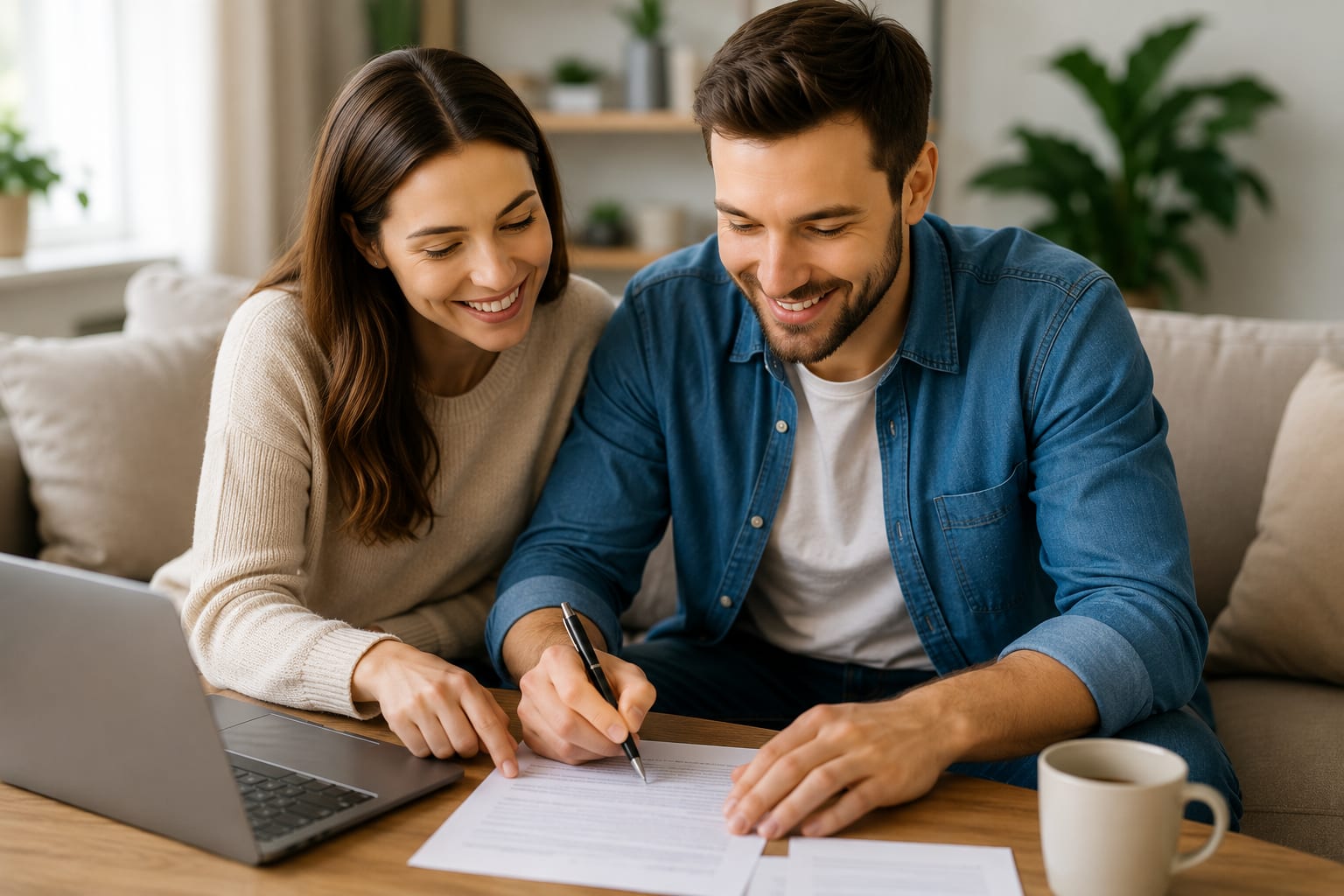 A young couple sitting together at home, reviewing and signing home purchase paperwork with a laptop open beside them