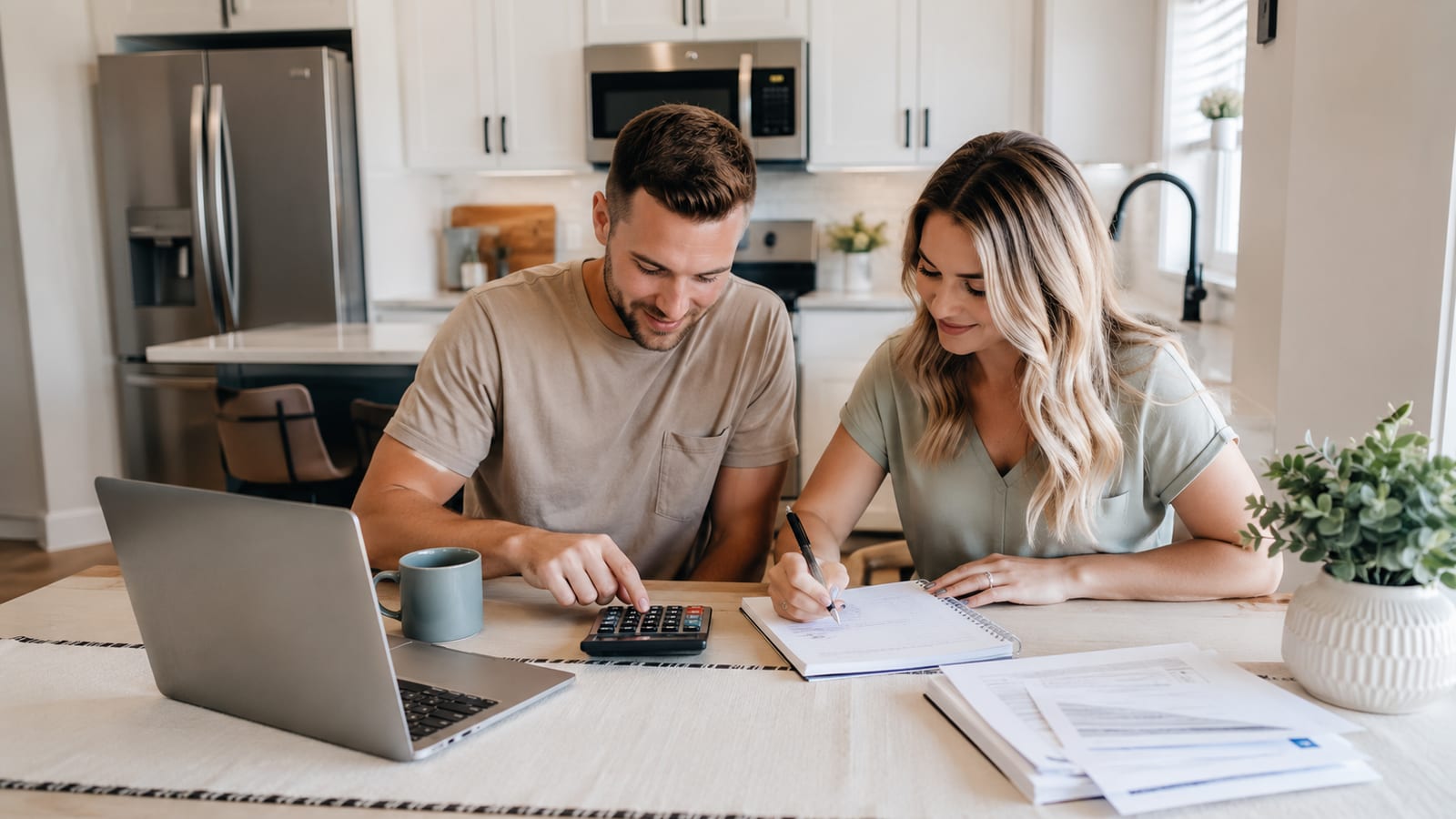 A couple at their kitchen table budgeting for a home purchase with a laptop, calculator, notebook, and paperwork