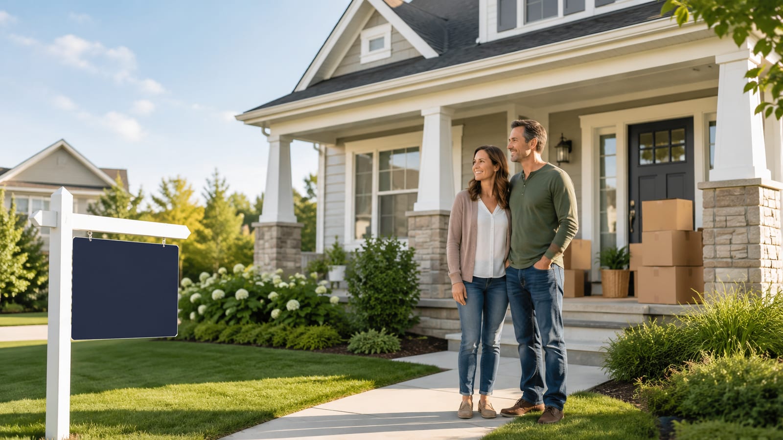 A happy couple standing outside their home with a yard sign and moving boxes on the porch