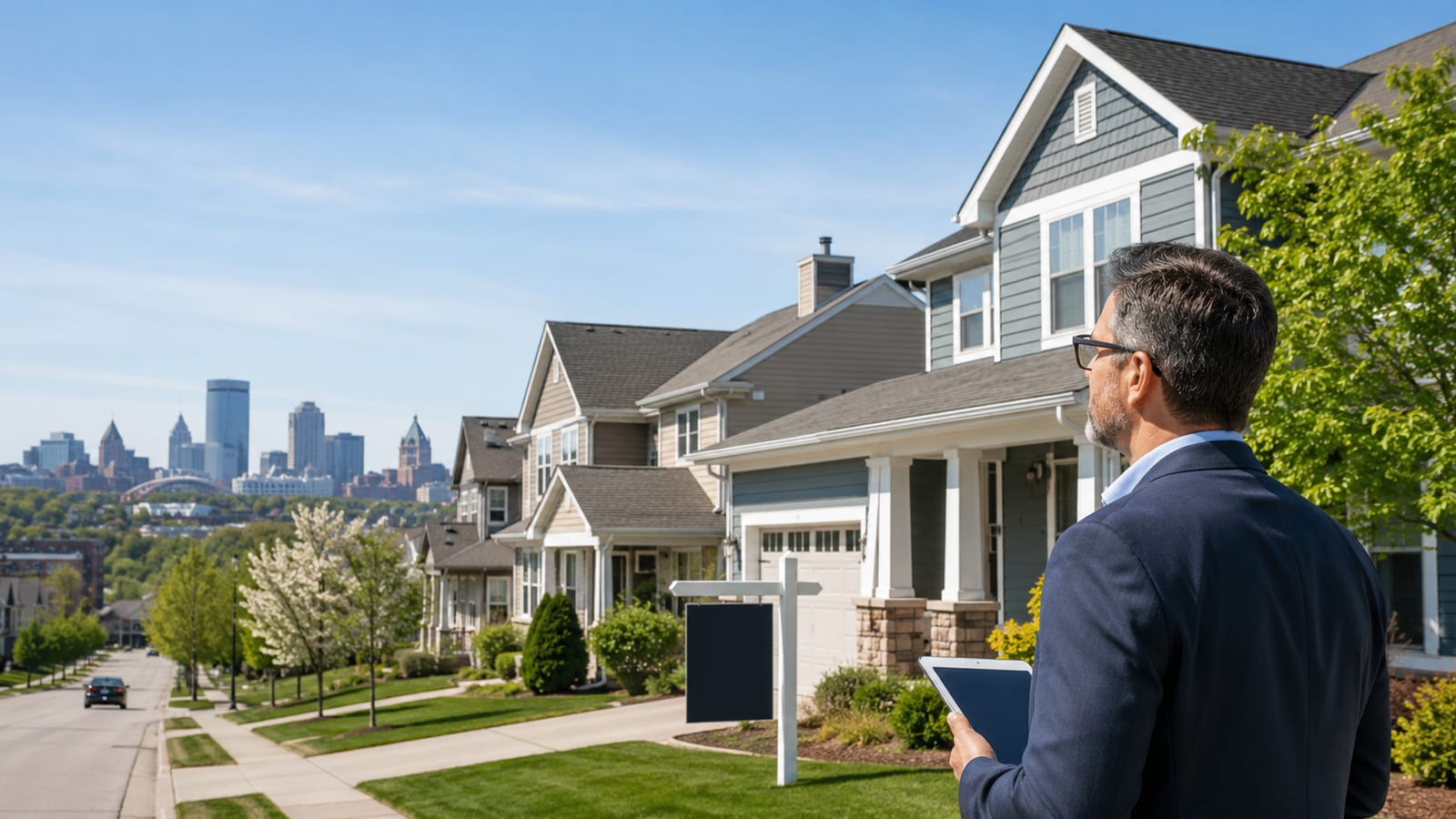 A real estate agent looking over a Southeast Wisconsin neighborhood with the Milwaukee skyline in the distance