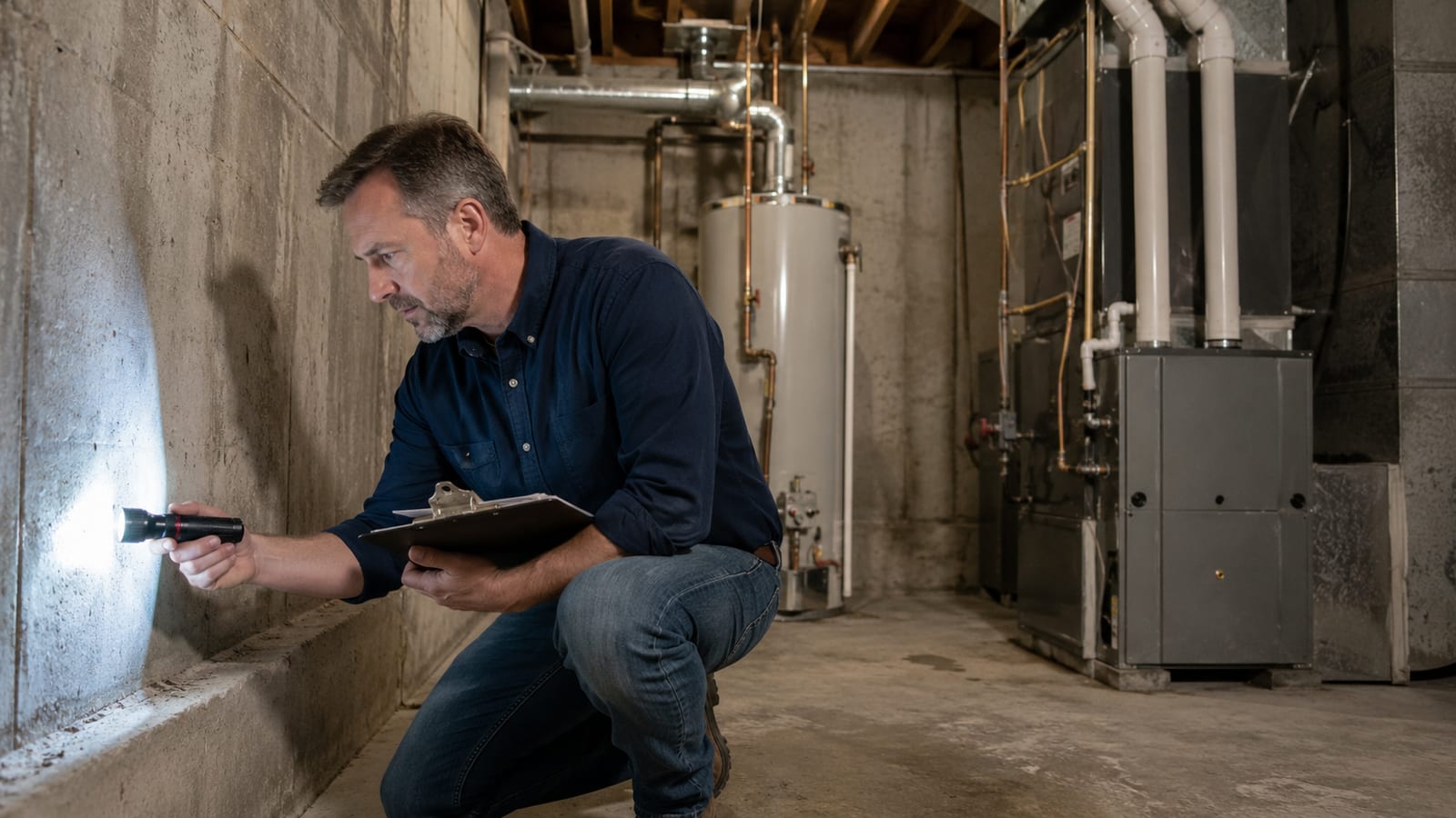 A home inspector with a flashlight and clipboard examining a basement wall near the furnace and water heater